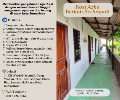 Dikontrakkan Rumah Kost Samarinda Kota KOST AZKA BERKAH NYAMAN DAN HARGA TERBAIK, WA 0821-5226-5664